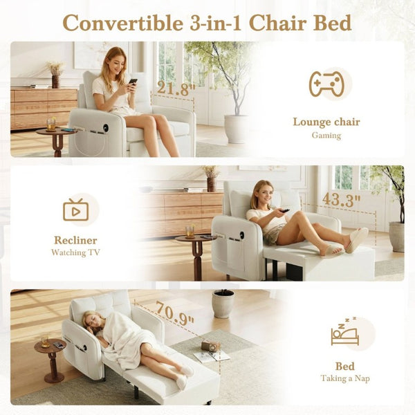 English Elm New Chenille Sleeper Chair Tufted Convertible Sofa Bed with USB Charging and Storage Beige N723S9614A
