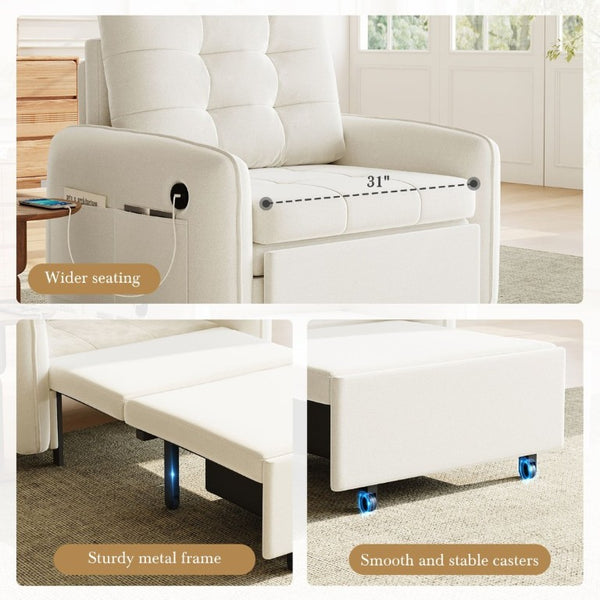 English Elm New Chenille Sleeper Chair Tufted Convertible Sofa Bed with USB Charging and Storage Beige N723S9614A