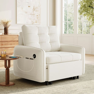 English Elm New Chenille Sleeper Chair Tufted Convertible Sofa Bed with USB Charging and Storage Beige N723S9614A