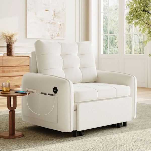 English Elm New Chenille Sleeper Chair Tufted Convertible Sofa Bed with USB Charging and Storage Beige N723S9614A