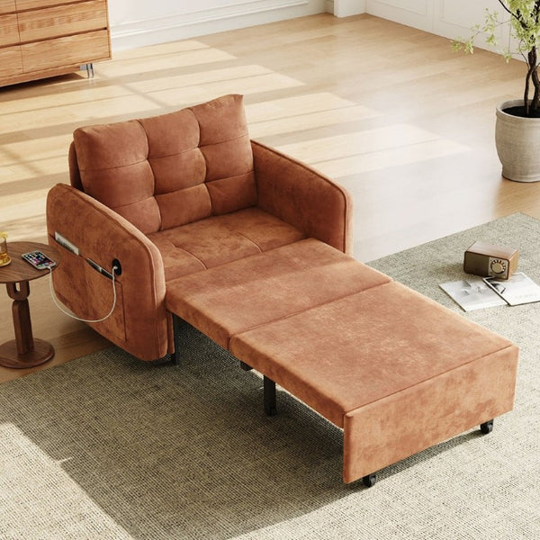 English Elm New Chenille Sleeper Chair Tufted Convertible Sofa Bed with USB Charging and Storage Orange N723S9614G