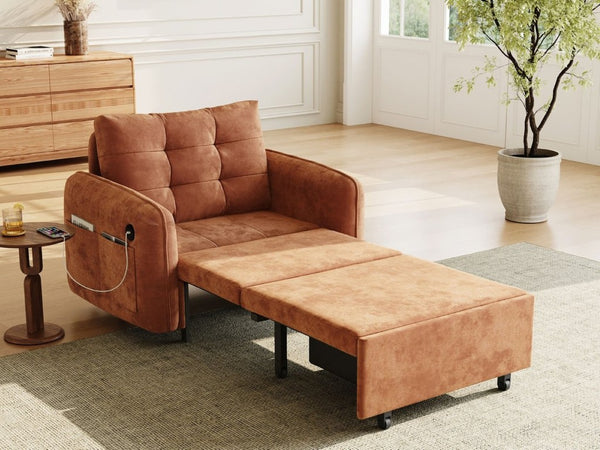 English Elm New Chenille Sleeper Chair Tufted Convertible Sofa Bed with USB Charging and Storage Orange N723S9614G