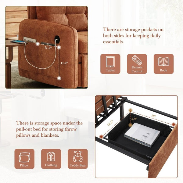 English Elm New Chenille Sleeper Chair Tufted Convertible Sofa Bed with USB Charging and Storage Orange N723S9614G