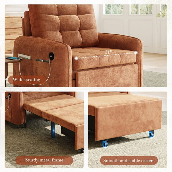 English Elm New Chenille Sleeper Chair Tufted Convertible Sofa Bed with USB Charging and Storage Orange N723S9614G