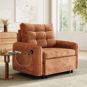 English Elm New Chenille Sleeper Chair Tufted Convertible Sofa Bed with USB Charging and Storage Orange N723S9614G