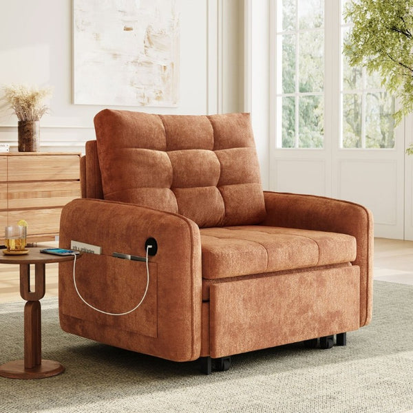 English Elm New Chenille Sleeper Chair Tufted Convertible Sofa Bed with USB Charging and Storage Orange N723S9614G