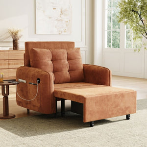 English Elm New Chenille Sleeper Chair Tufted Convertible Sofa Bed with USB Charging and Storage Orange N723S9614G