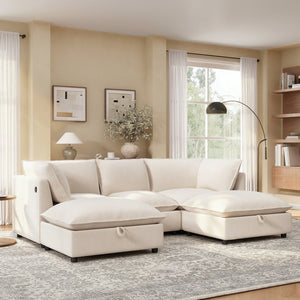 English Elm 98" U-shaped Chenille Sectional with Storage Ottomans Fold Tray and Charging Ports Beige N723S9797A