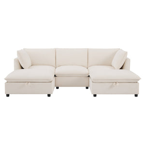 English Elm 98" U-shaped Chenille Sectional with Storage Ottomans Fold Tray and Charging Ports Beige N723S9797A