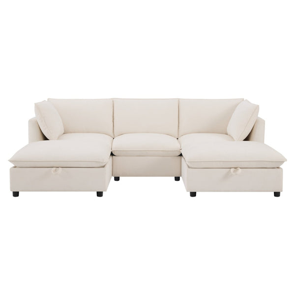 English Elm 98" U-shaped Chenille Sectional with Storage Ottomans Fold Tray and Charging Ports Beige N723S9797A