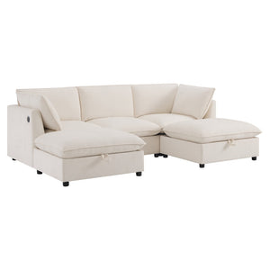 English Elm 98" U-shaped Chenille Sectional with Storage Ottomans Fold Tray and Charging Ports Beige N723S9797A