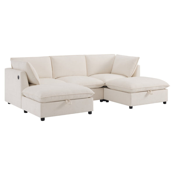 English Elm 98" U-shaped Chenille Sectional with Storage Ottomans Fold Tray and Charging Ports Beige N723S9797A