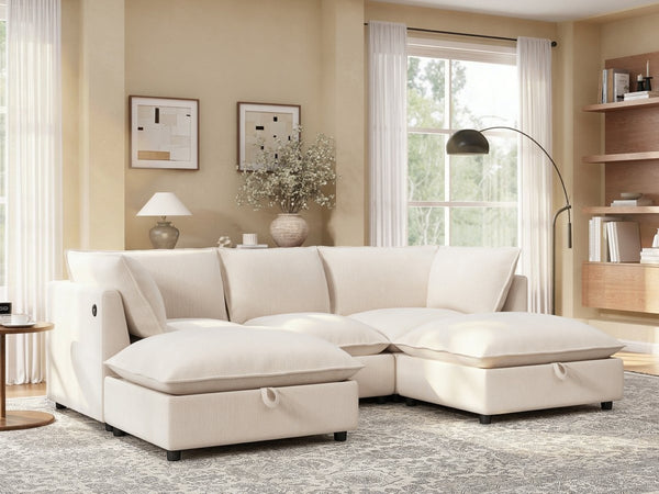 English Elm 98" U-shaped Chenille Sectional with Storage Ottomans Fold Tray and Charging Ports Beige N723S9797A