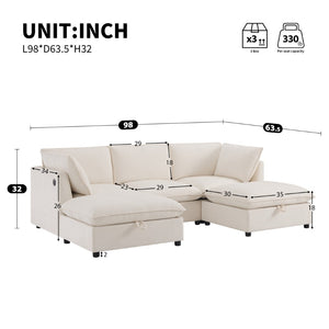 English Elm 98" U-shaped Chenille Sectional with Storage Ottomans Fold Tray and Charging Ports Beige N723S9797A