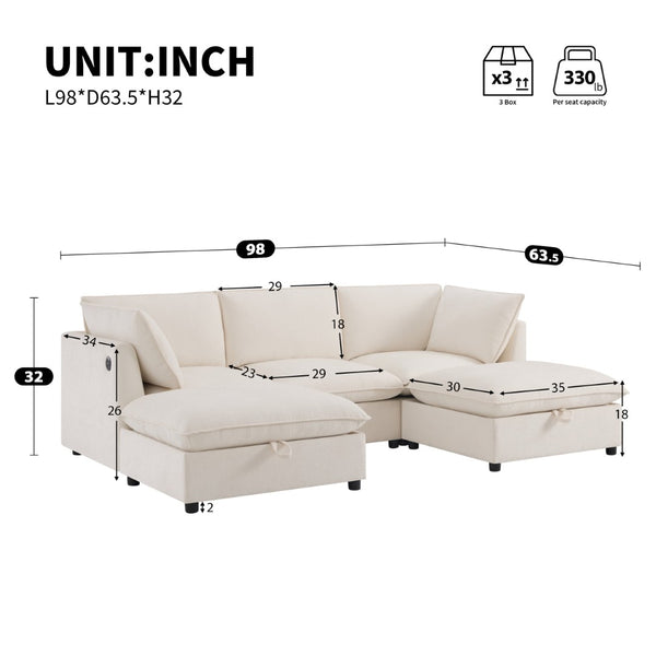 English Elm 98" U-shaped Chenille Sectional with Storage Ottomans Fold Tray and Charging Ports Beige N723S9797A