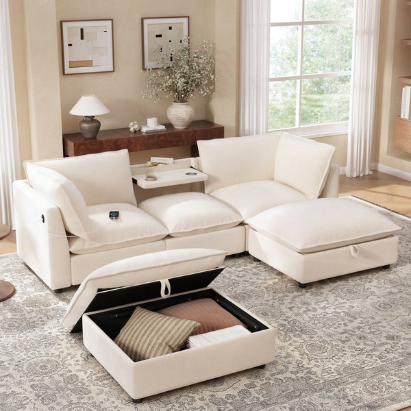 English Elm 98" U-shaped Chenille Sectional with Storage Ottomans Fold Tray and Charging Ports Beige N723S9797A