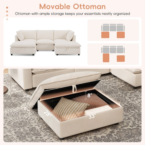 English Elm 98" U-shaped Chenille Sectional with Storage Ottomans Fold Tray and Charging Ports Beige N723S9797A