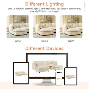 English Elm 98" U-shaped Chenille Sectional with Storage Ottomans Fold Tray and Charging Ports Beige N723S9797A
