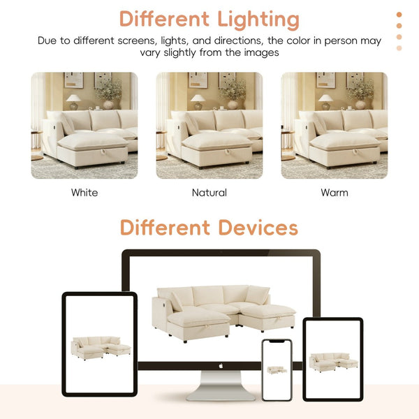 English Elm 98" U-shaped Chenille Sectional with Storage Ottomans Fold Tray and Charging Ports Beige N723S9797A