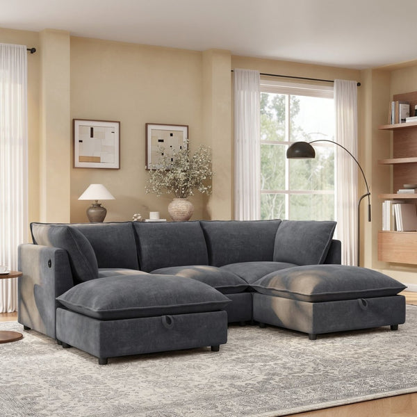 English Elm 98" U-shaped Chenille Sectional with Storage Ottomans Fold Tray and Charging Ports Gray N723S9797E