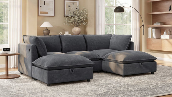 English Elm 98" U-shaped Chenille Sectional with Storage Ottomans Fold Tray and Charging Ports Gray N723S9797E