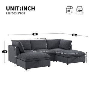 English Elm 98" U-shaped Chenille Sectional with Storage Ottomans Fold Tray and Charging Ports Gray N723S9797E