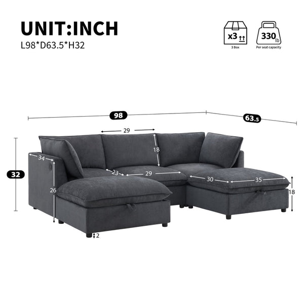 English Elm 98" U-shaped Chenille Sectional with Storage Ottomans Fold Tray and Charging Ports Gray N723S9797E