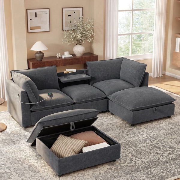 English Elm 98" U-shaped Chenille Sectional with Storage Ottomans Fold Tray and Charging Ports Gray N723S9797E