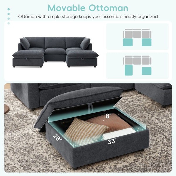 English Elm 98" U-shaped Chenille Sectional with Storage Ottomans Fold Tray and Charging Ports Gray N723S9797E