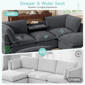 English Elm 98" U-shaped Chenille Sectional with Storage Ottomans Fold Tray and Charging Ports Gray N723S9797E