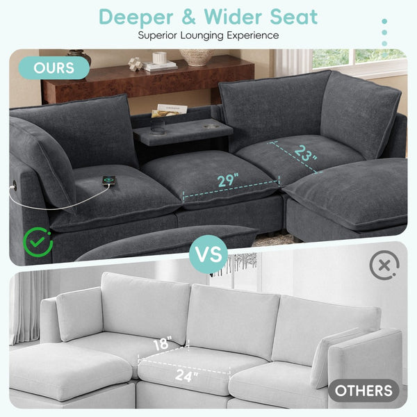 English Elm 98" U-shaped Chenille Sectional with Storage Ottomans Fold Tray and Charging Ports Gray N723S9797E