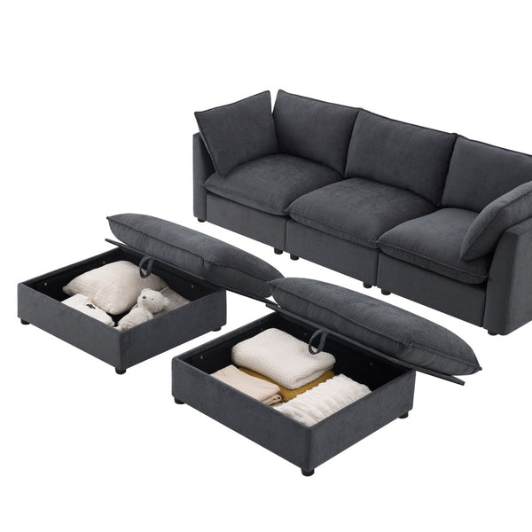 English Elm 98" U-shaped Chenille Sectional with Storage Ottomans Fold Tray and Charging Ports Gray N723S9797E