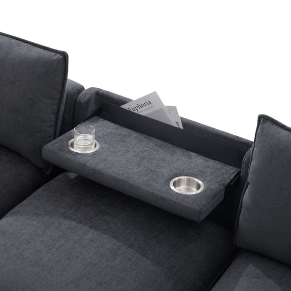 English Elm 98" U-shaped Chenille Sectional with Storage Ottomans Fold Tray and Charging Ports Gray N723S9797E