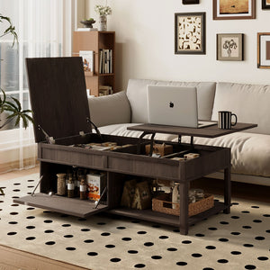 English Elm U-can Lift Top Coffee Table with Hidden Storage Open Shelf and Raised Workstation Surface Antique Brown N724P401355D