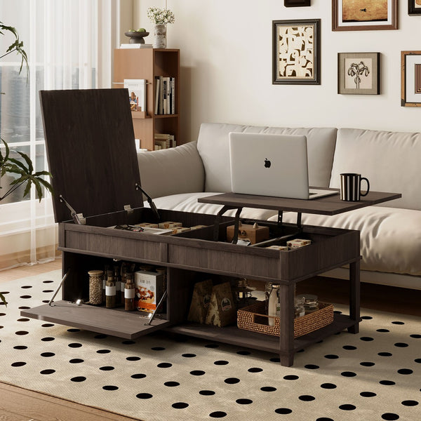 English Elm U-can Lift Top Coffee Table with Hidden Storage Open Shelf and Raised Workstation Surface Antique Brown N724P401355D