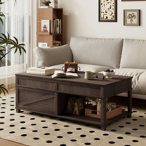 English Elm U-can Lift Top Coffee Table with Hidden Storage Open Shelf and Raised Workstation Surface Antique Brown N724P401355D