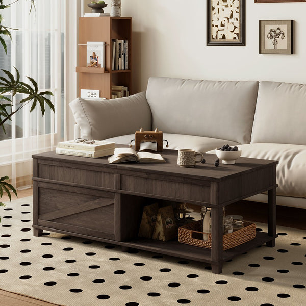 English Elm U-can Lift Top Coffee Table with Hidden Storage Open Shelf and Raised Workstation Surface Antique Brown N724P401355D