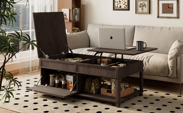 English Elm U-can Lift Top Coffee Table with Hidden Storage Open Shelf and Raised Workstation Surface Antique Brown N724P401355D