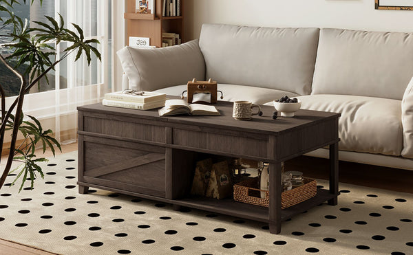 English Elm U-can Lift Top Coffee Table with Hidden Storage Open Shelf and Raised Workstation Surface Antique Brown N724P401355D
