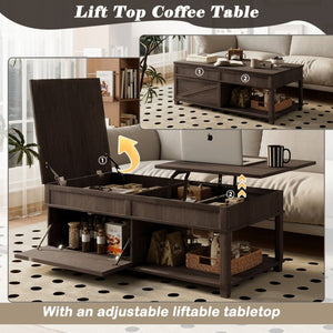 English Elm U-can Lift Top Coffee Table with Hidden Storage Open Shelf and Raised Workstation Surface Antique Brown N724P401355D