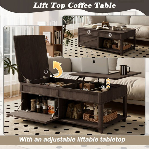 English Elm U-can Lift Top Coffee Table with Hidden Storage Open Shelf and Raised Workstation Surface Antique Brown N724P401355D