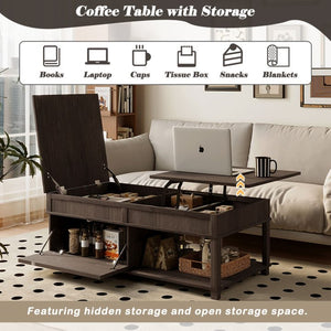 English Elm U-can Lift Top Coffee Table with Hidden Storage Open Shelf and Raised Workstation Surface Antique Brown N724P401355D