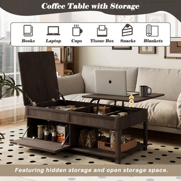 English Elm U-can Lift Top Coffee Table with Hidden Storage Open Shelf and Raised Workstation Surface Antique Brown N724P401355D