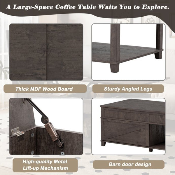 English Elm U-can Lift Top Coffee Table with Hidden Storage Open Shelf and Raised Workstation Surface Antique Brown N724P401355D