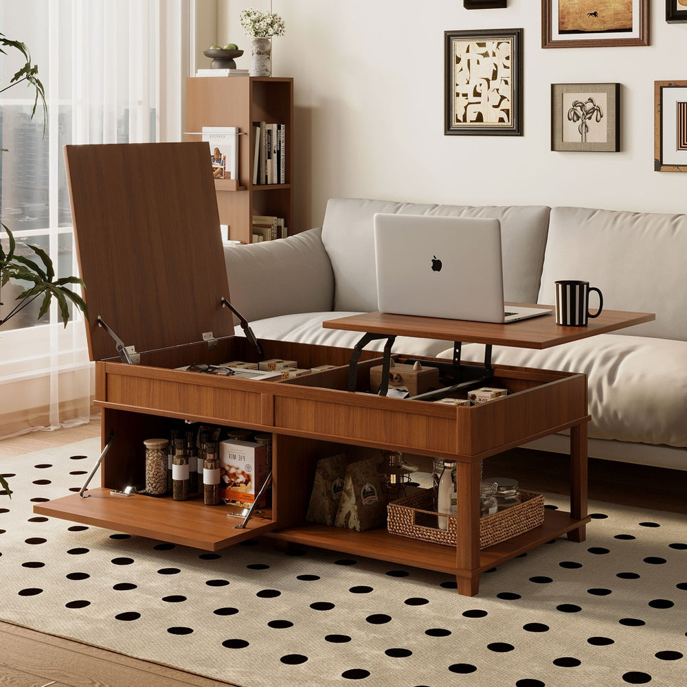 English Elm U-can Lift Top Coffee Table with Hidden Storage Open Shelf and Raised Workstation Surface Apricot Brown N724P401355E
