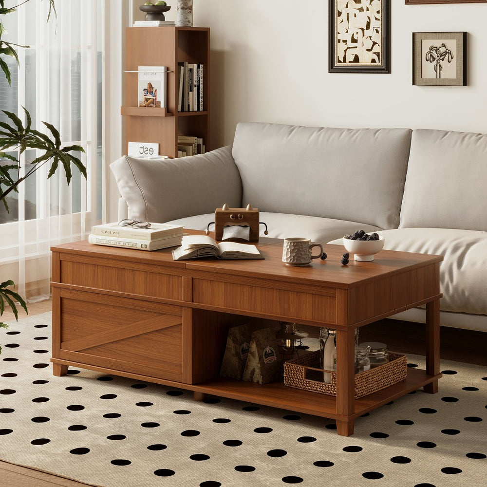 English Elm U-can Lift Top Coffee Table with Hidden Storage Open Shelf and Raised Workstation Surface Apricot Brown N724P401355E