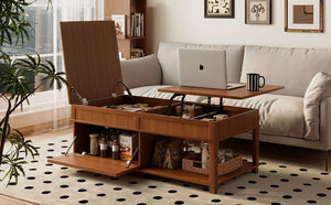 English Elm U-can Lift Top Coffee Table with Hidden Storage Open Shelf and Raised Workstation Surface Apricot Brown N724P401355E
