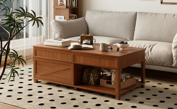 English Elm U-can Lift Top Coffee Table with Hidden Storage Open Shelf and Raised Workstation Surface Apricot Brown N724P401355E