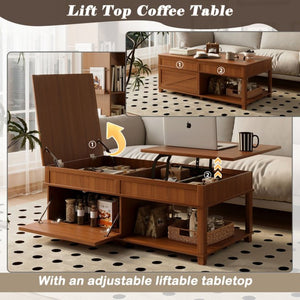 English Elm U-can Lift Top Coffee Table with Hidden Storage Open Shelf and Raised Workstation Surface Apricot Brown N724P401355E