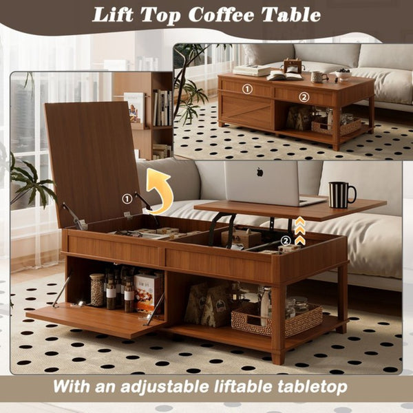 English Elm U-can Lift Top Coffee Table with Hidden Storage Open Shelf and Raised Workstation Surface Apricot Brown N724P401355E